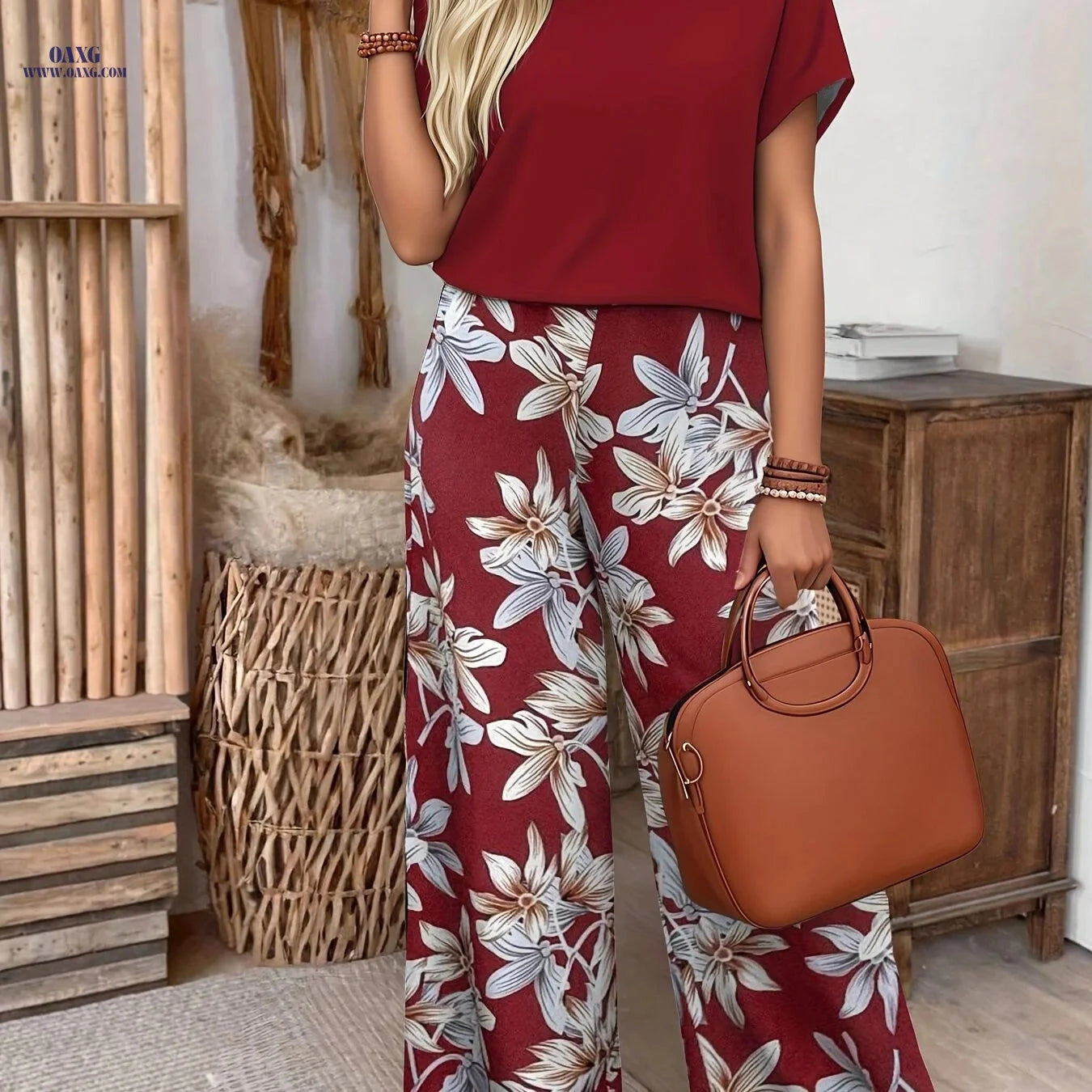 Women's Elegant Floral Print Short-Sleeve Set - 100% Polyester   OAXG 