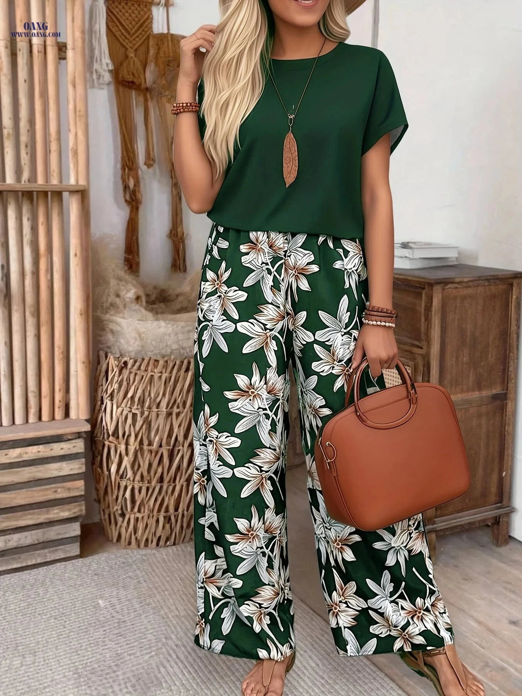 Women's Elegant Floral Print Short-Sleeve Set - 100% Polyester   OAXG 