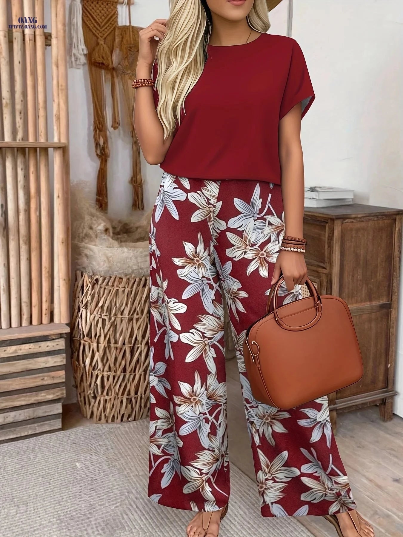 Women's Elegant Floral Print Short-Sleeve Set - 100% Polyester   OAXG 