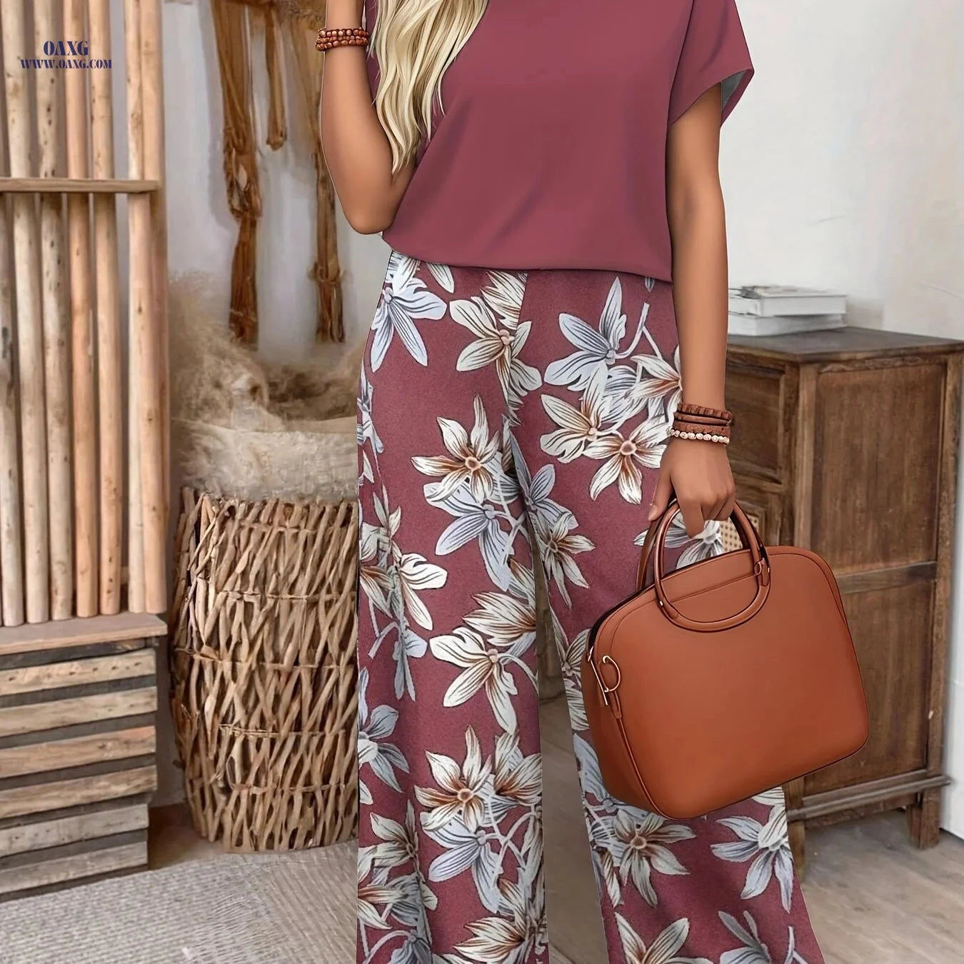 Women's Elegant Floral Print Short-Sleeve Set - 100% Polyester   OAXG Black / S