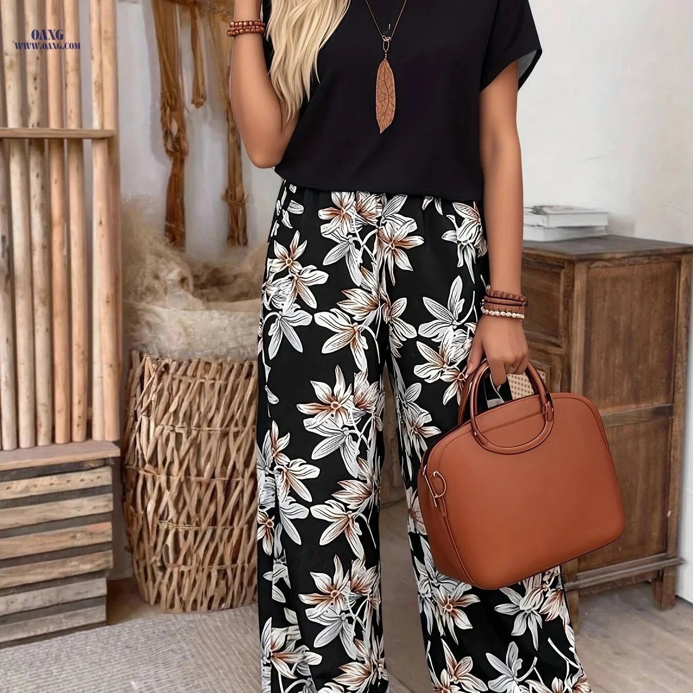 Women's Elegant Floral Print Short-Sleeve Set - 100% Polyester   OAXG 