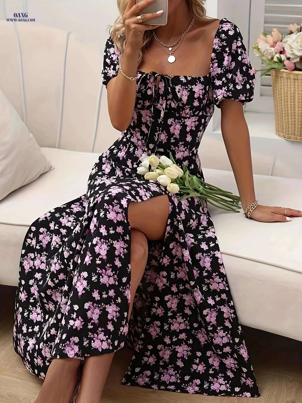 Women's Elegant Floral Slit Dress - Fitted Spring/Summer Style   OAXG 