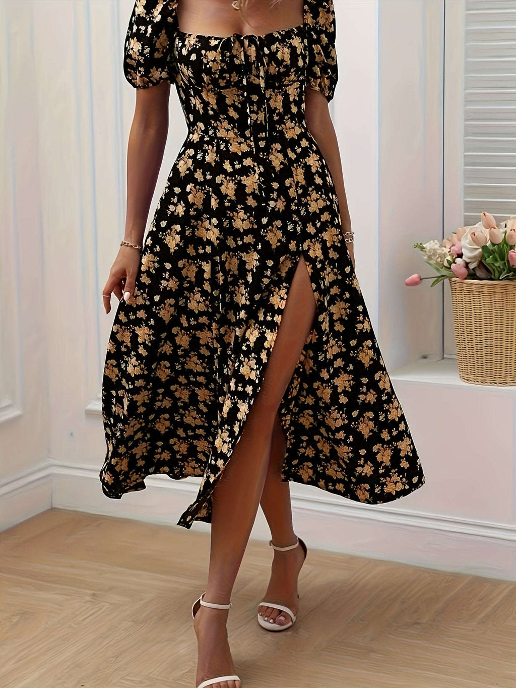 Women's Elegant Floral Slit Dress - Fitted Spring/Summer Style   OAXG 