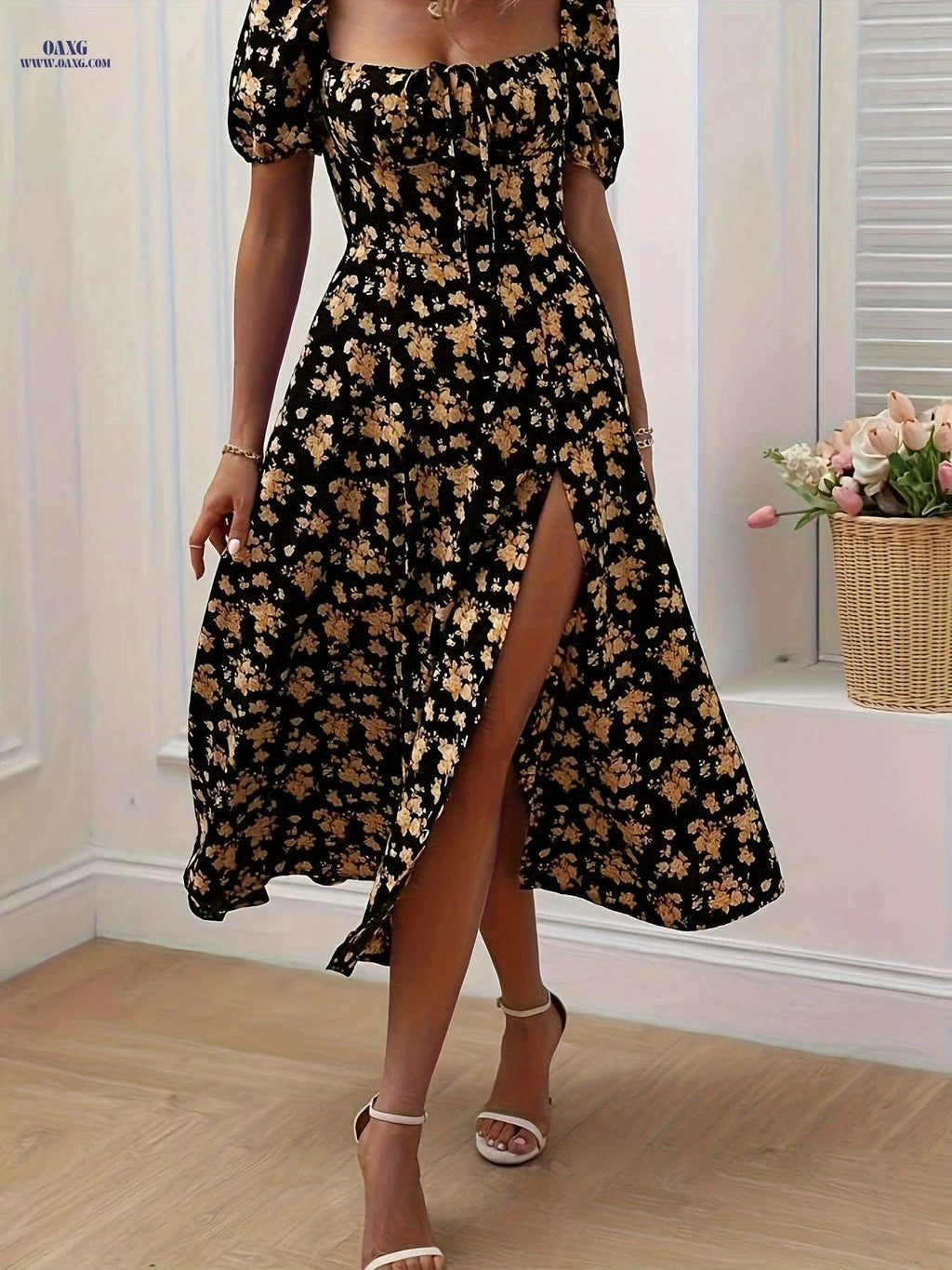 Women's Elegant Floral Slit Dress - Fitted Spring/Summer Style   OAXG 
