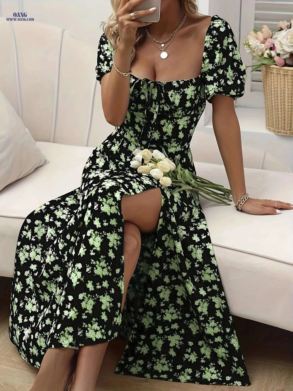 Women's Elegant Floral Slit Dress - Fitted Spring/Summer Style   OAXG 