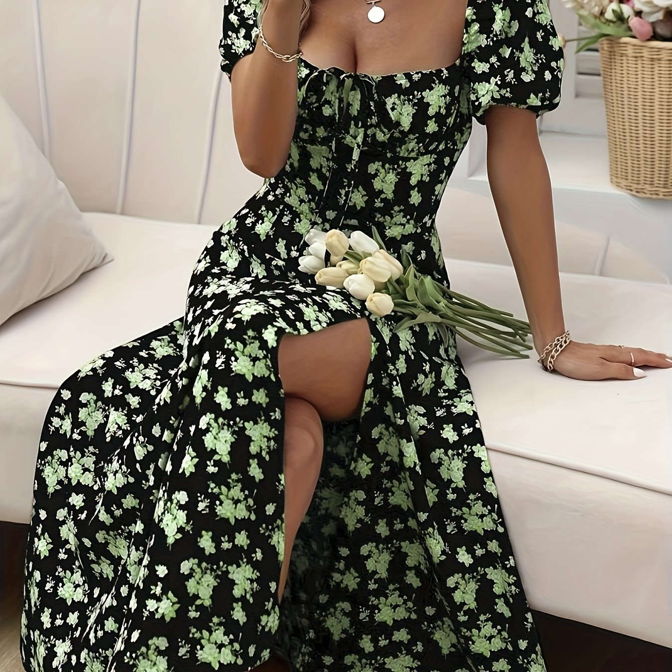 Women's Elegant Floral Slit Dress - Fitted Spring/Summer Style   OAXG 
