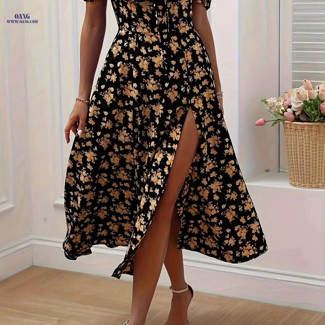 Women's Elegant Floral Slit Dress - Fitted Spring/Summer Style   OAXG Green Flower 1 / XS