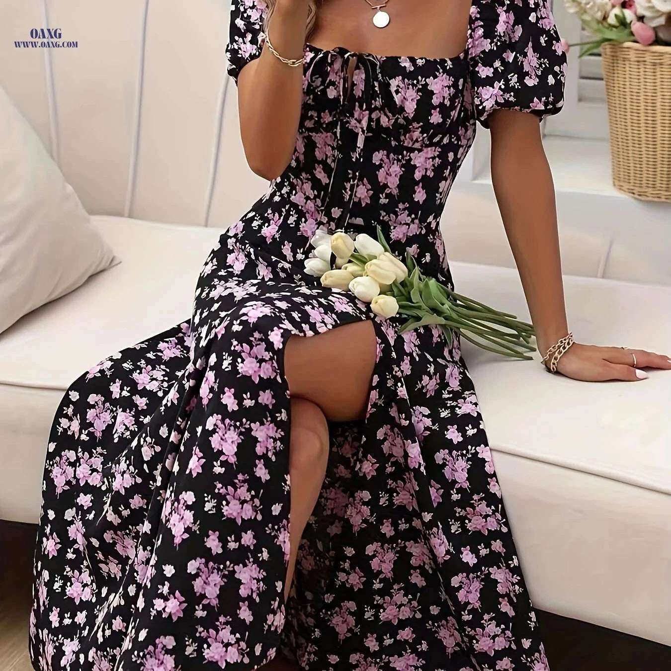 Women's Elegant Floral Slit Dress - Fitted Spring/Summer Style   OAXG Green Flower 1 / XS