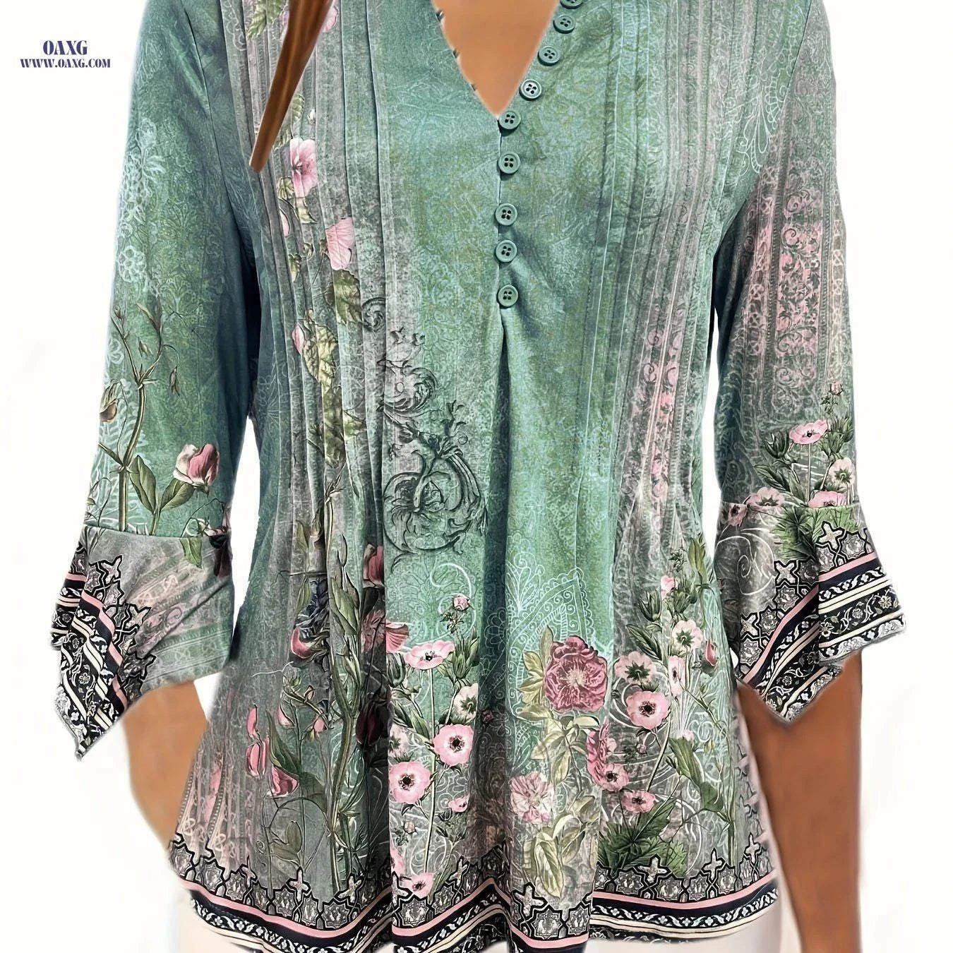 Women's Elegant Floral V-Neck Blouse - Stretchable & Comfortable Top   OAXG White / XS