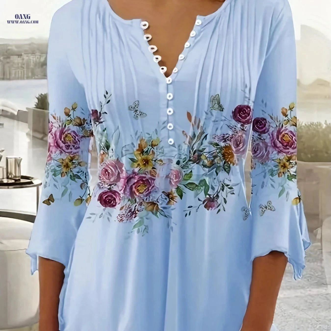 Women's Elegant Floral V-Neck Blouse - Stretchable & Comfortable Top   OAXG White / XS