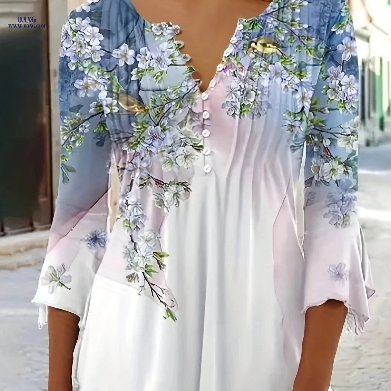 Women's Elegant Floral V-Neck Blouse - Stretchable & Comfortable Top   OAXG White / XS