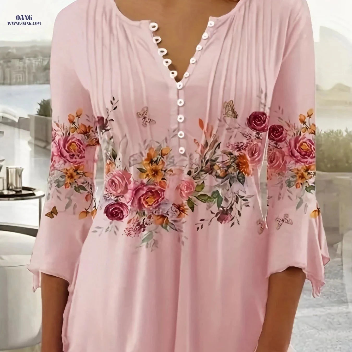 Women's Elegant Floral V-Neck Blouse - Stretchable & Comfortable Top   OAXG White / XS
