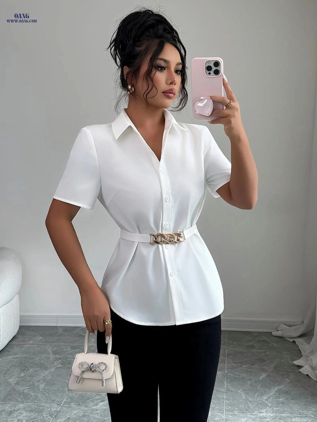 Women's Elegant French-Style Cinching Shirt - Short Sleeve Casual Top   OAXG White / S