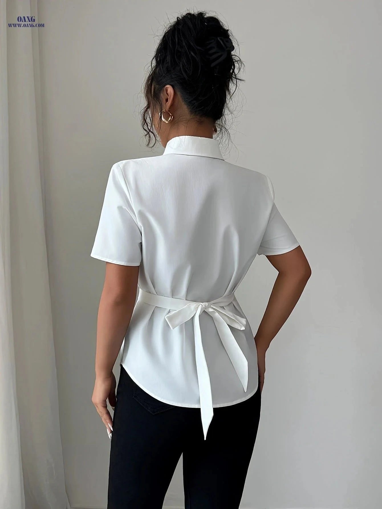 Women's Elegant French-Style Cinching Shirt - Short Sleeve Casual Top   OAXG White / S