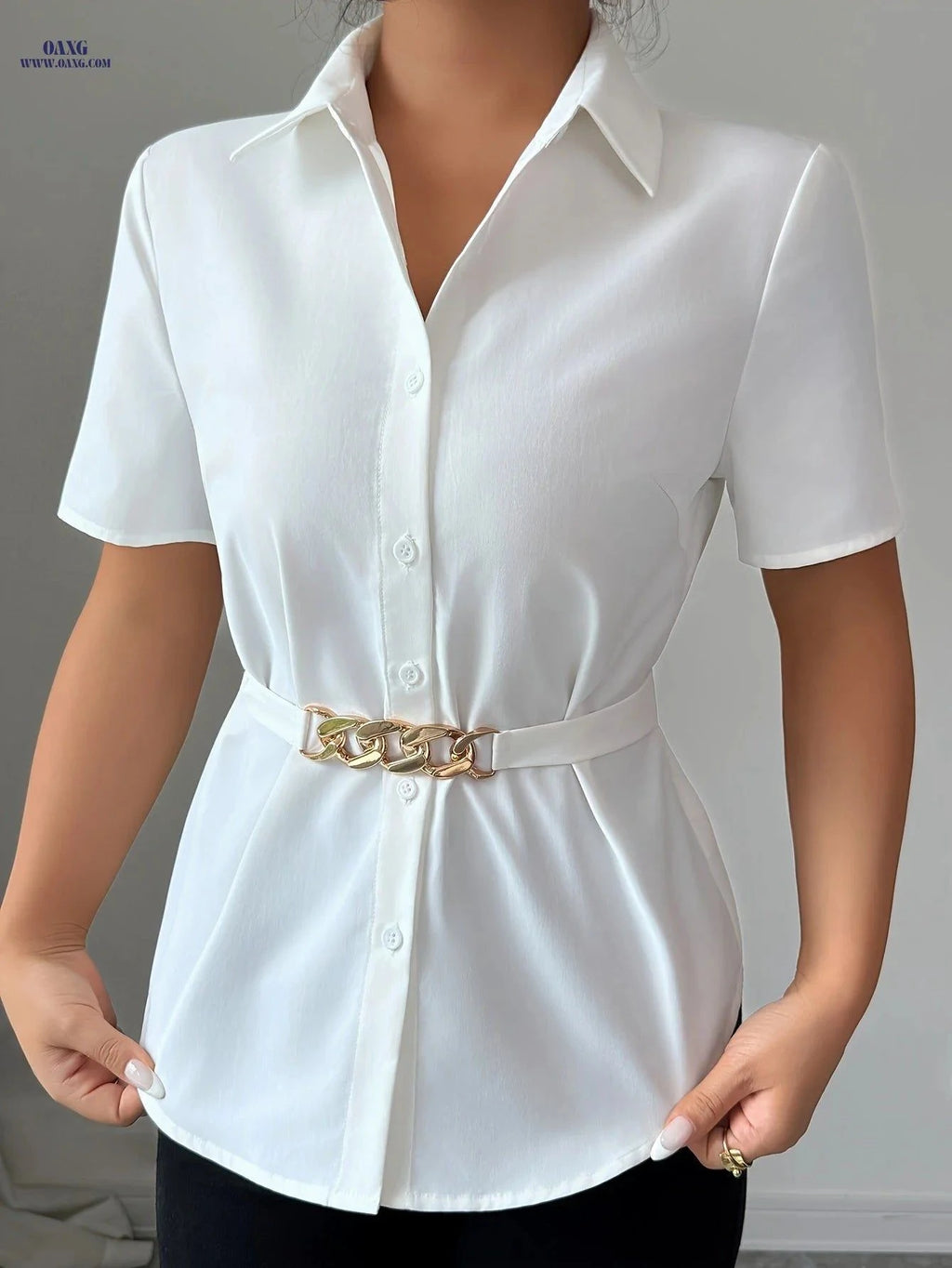 Women's Elegant French-Style Cinching Shirt - Short Sleeve Casual Top   OAXG White / S