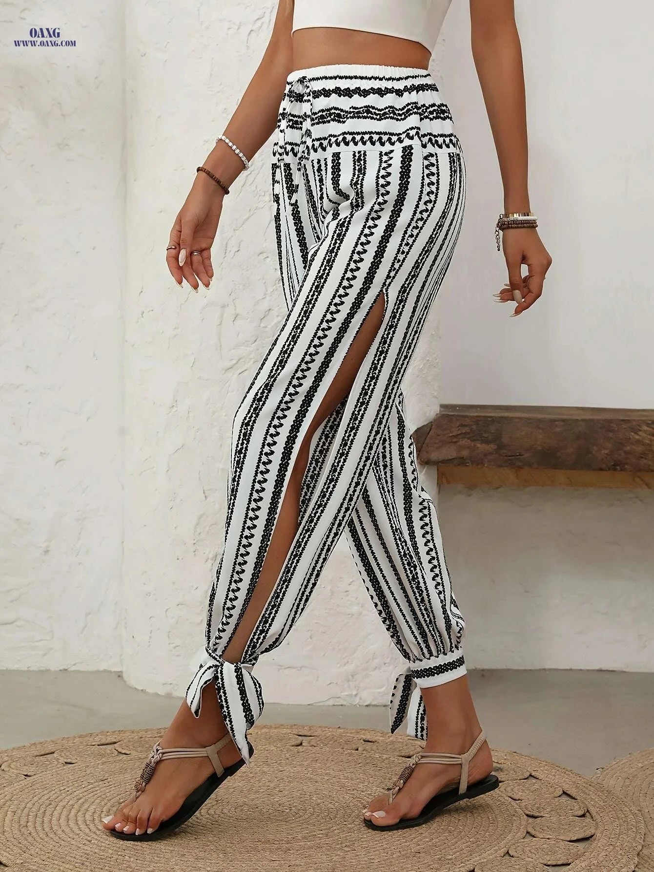 Women’s Elegant Geometric Print Ankle Tie Pants - Summer Style   OAXG Black And White / S
