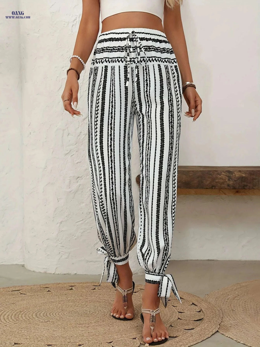 Women’s Elegant Geometric Print Ankle Tie Pants - Summer Style   OAXG Black And White / S