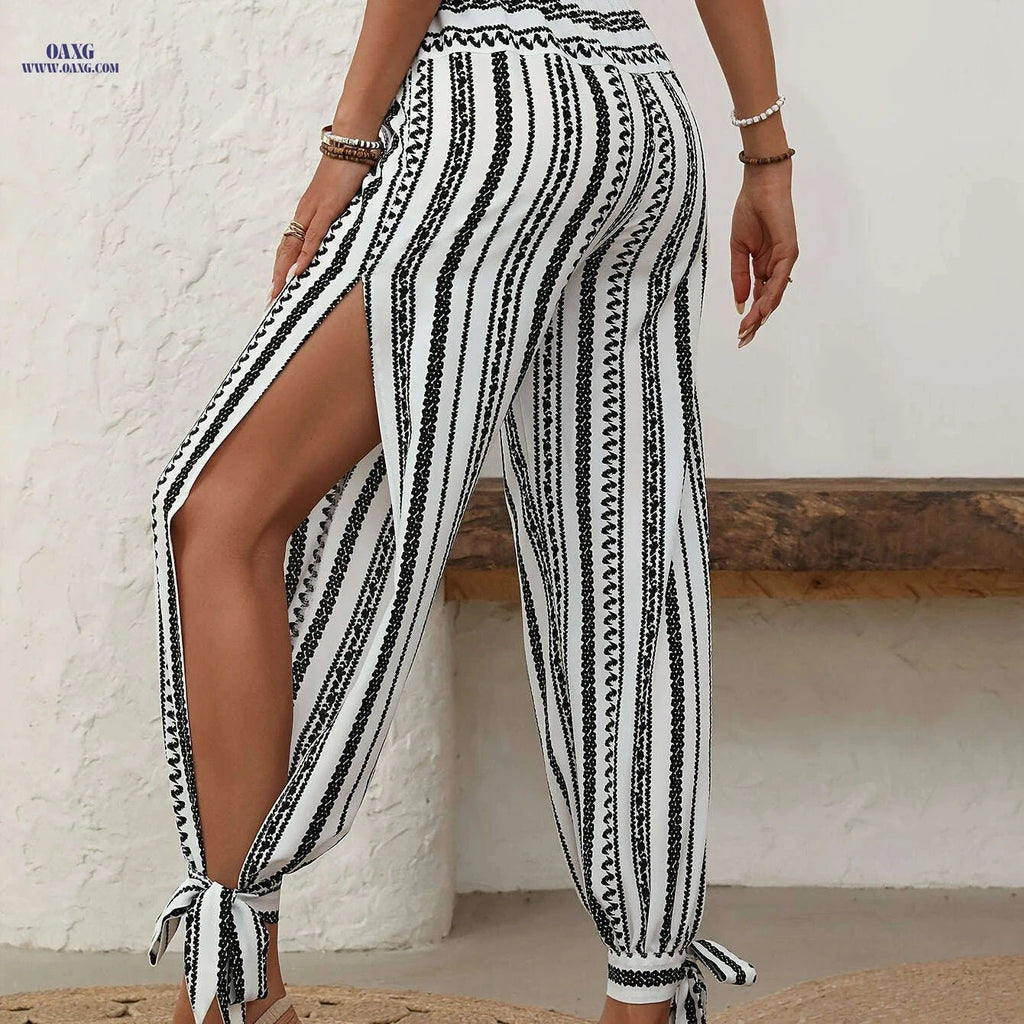 Women’s Elegant Geometric Print Ankle Tie Pants - Summer Style   OAXG 