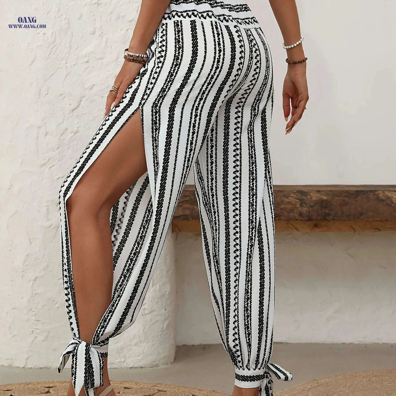Women’s Elegant Geometric Print Ankle Tie Pants - Summer Style   OAXG 