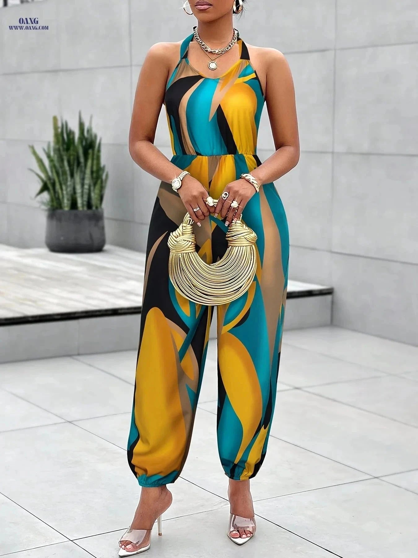 Women's Elegant Geometric Print Halter Jumpsuit - All-Season Style   OAXG Mixed Color / S
