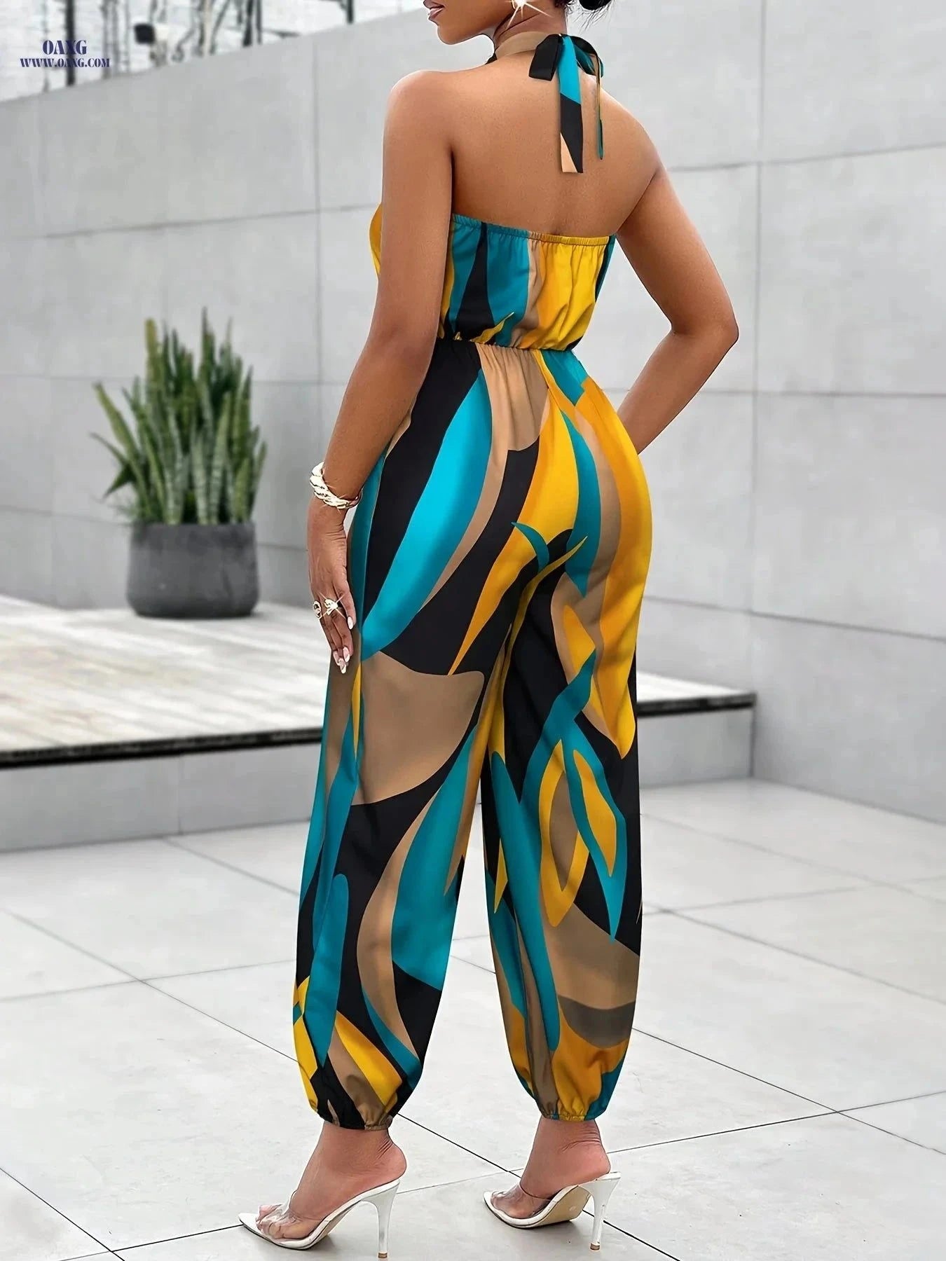 Women's Elegant Geometric Print Halter Jumpsuit - All-Season Style   OAXG Mixed Color / S