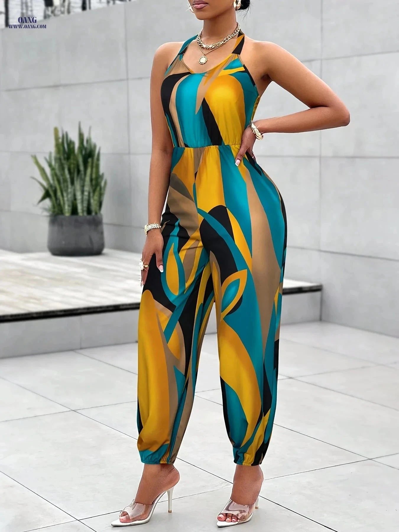 Women's Elegant Geometric Print Halter Jumpsuit - All-Season Style   OAXG Mixed Color / S