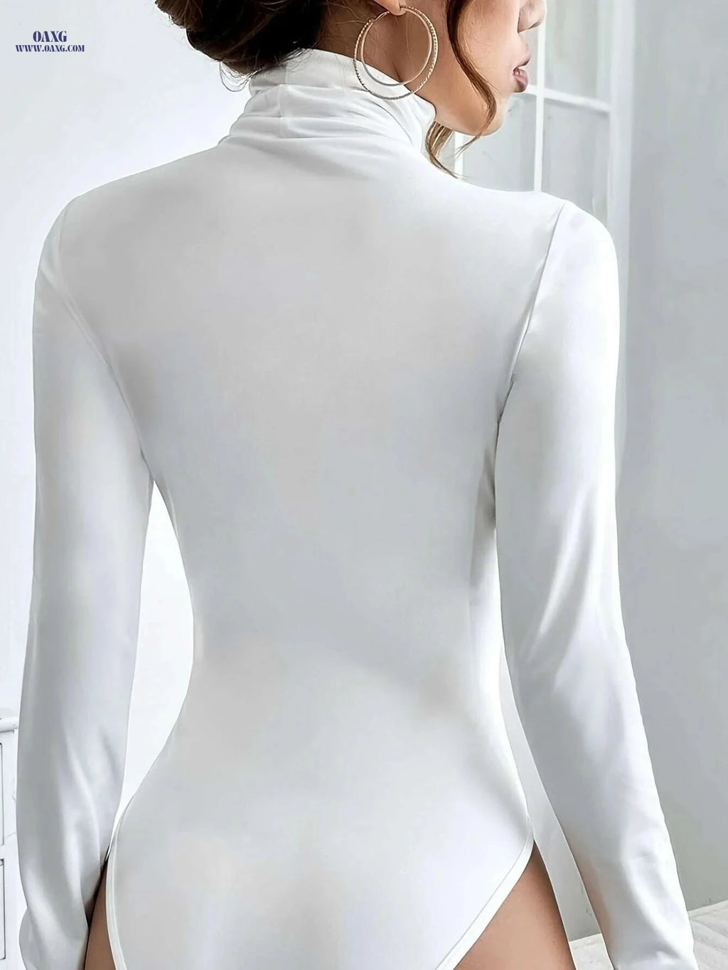 Women's Elegant High Neck Bodysuit - Soft Stretchy Slim Fit Top   OAXG White / S