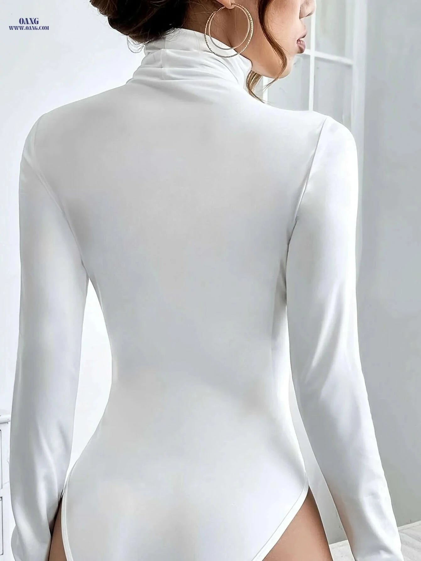 Women's Elegant High Neck Bodysuit - Soft Stretchy Slim Fit Top   OAXG White / S