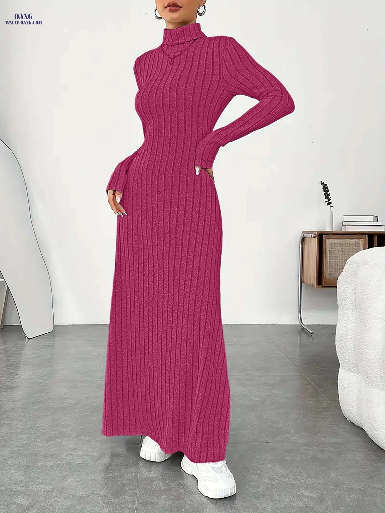 Women's Elegant High Neck Maxi Dress - Solid Fitted Winter Gown   OAXG 