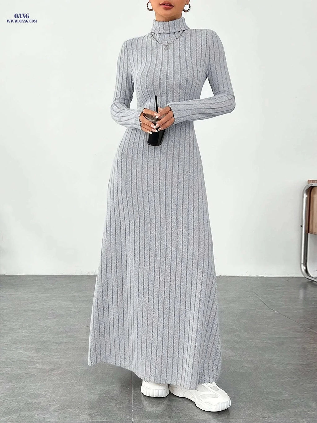 Women's Elegant High Neck Maxi Dress - Solid Fitted Winter Gown   OAXG 