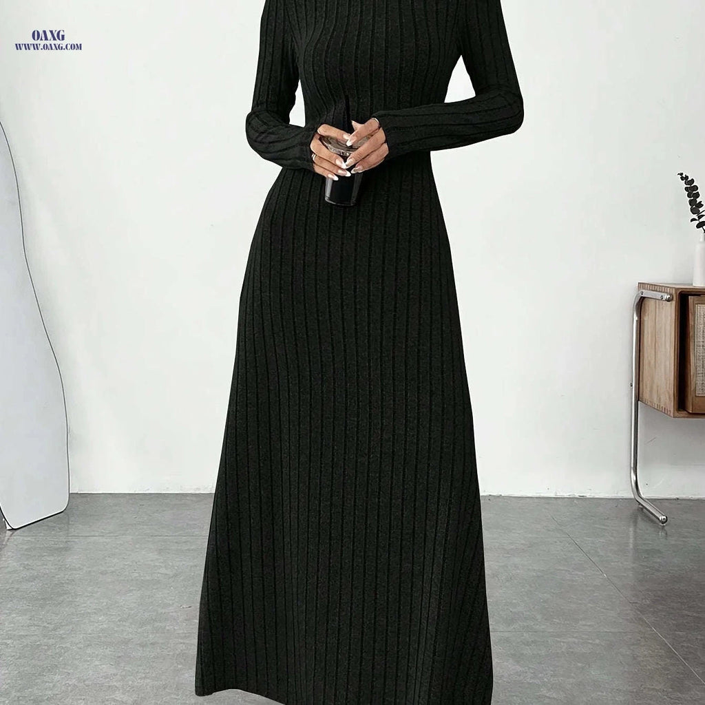 Women's Elegant High Neck Maxi Dress - Solid Fitted Winter Gown   OAXG 