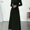 Women's Elegant High Neck Maxi Dress - Solid Fitted Winter Gown   OAXG 