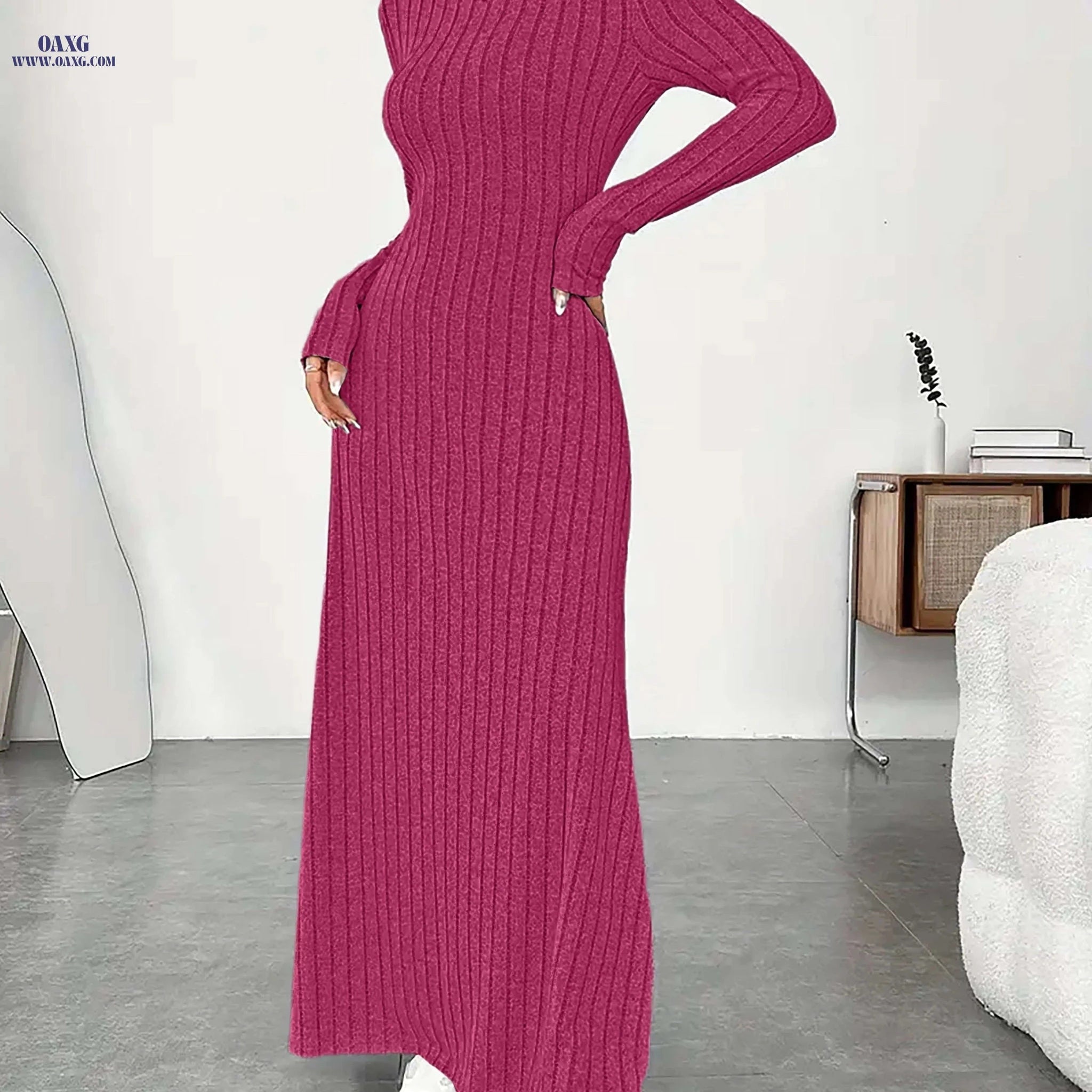 Women's Elegant High Neck Maxi Dress - Solid Fitted Winter Gown   OAXG 