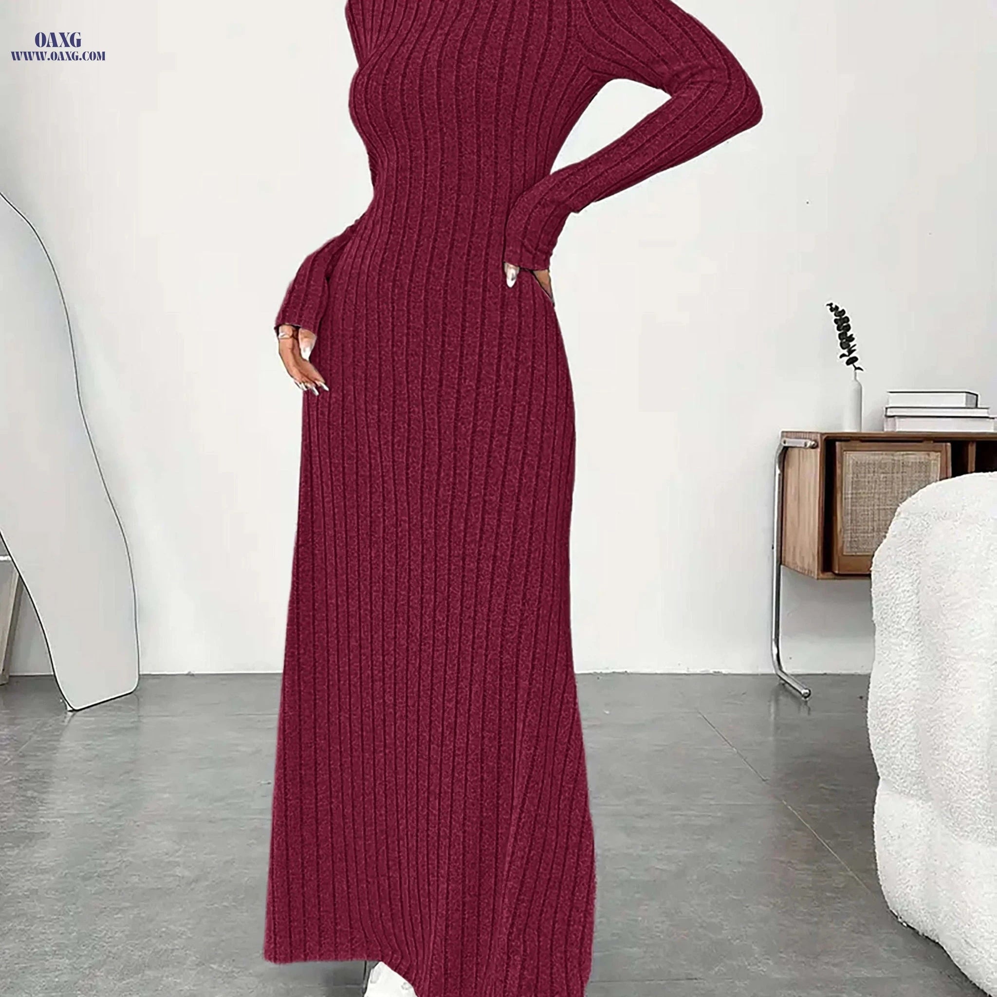 Women's Elegant High Neck Maxi Dress - Solid Fitted Winter Gown   OAXG 