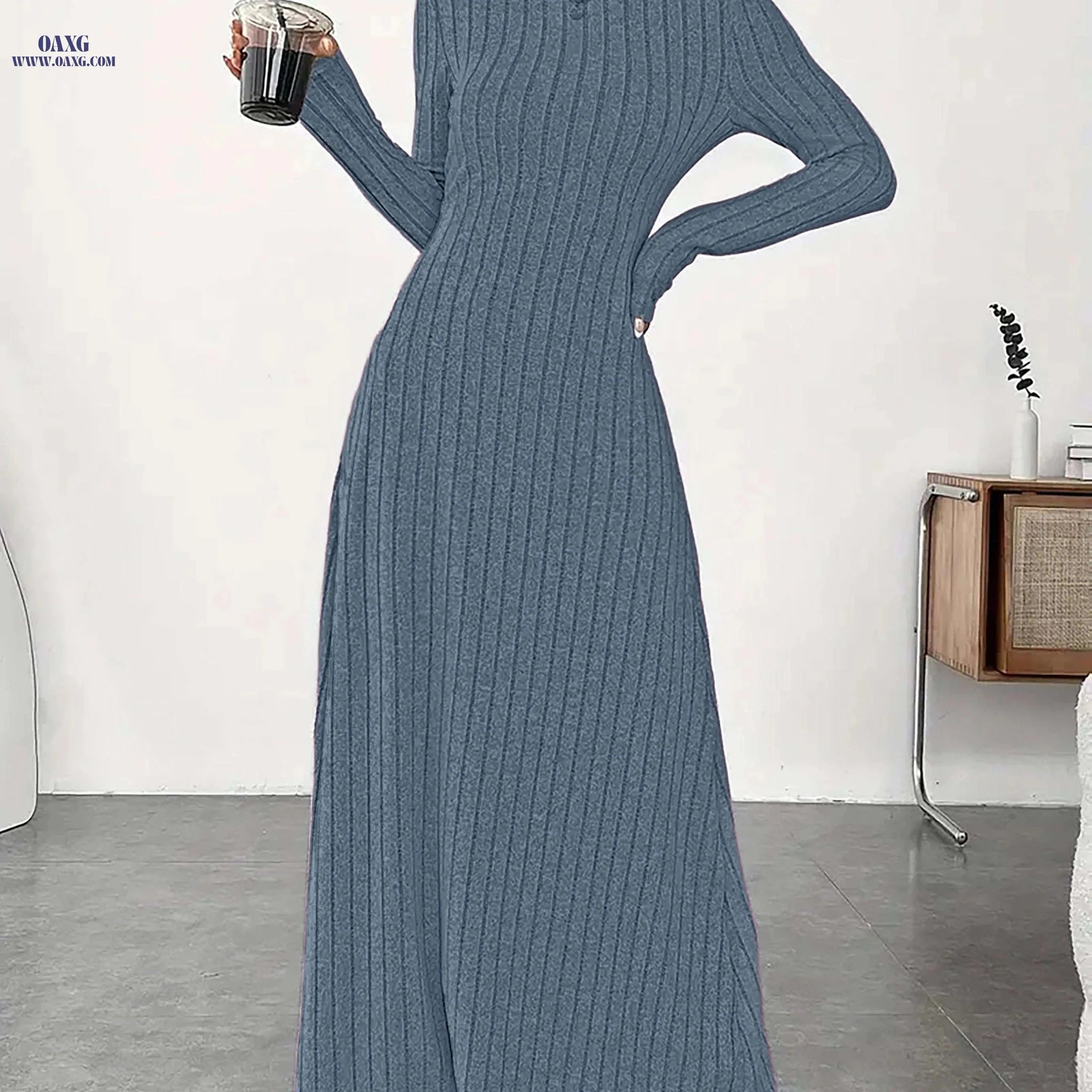 Women's Elegant High Neck Maxi Dress - Solid Fitted Winter Gown   OAXG Black / S