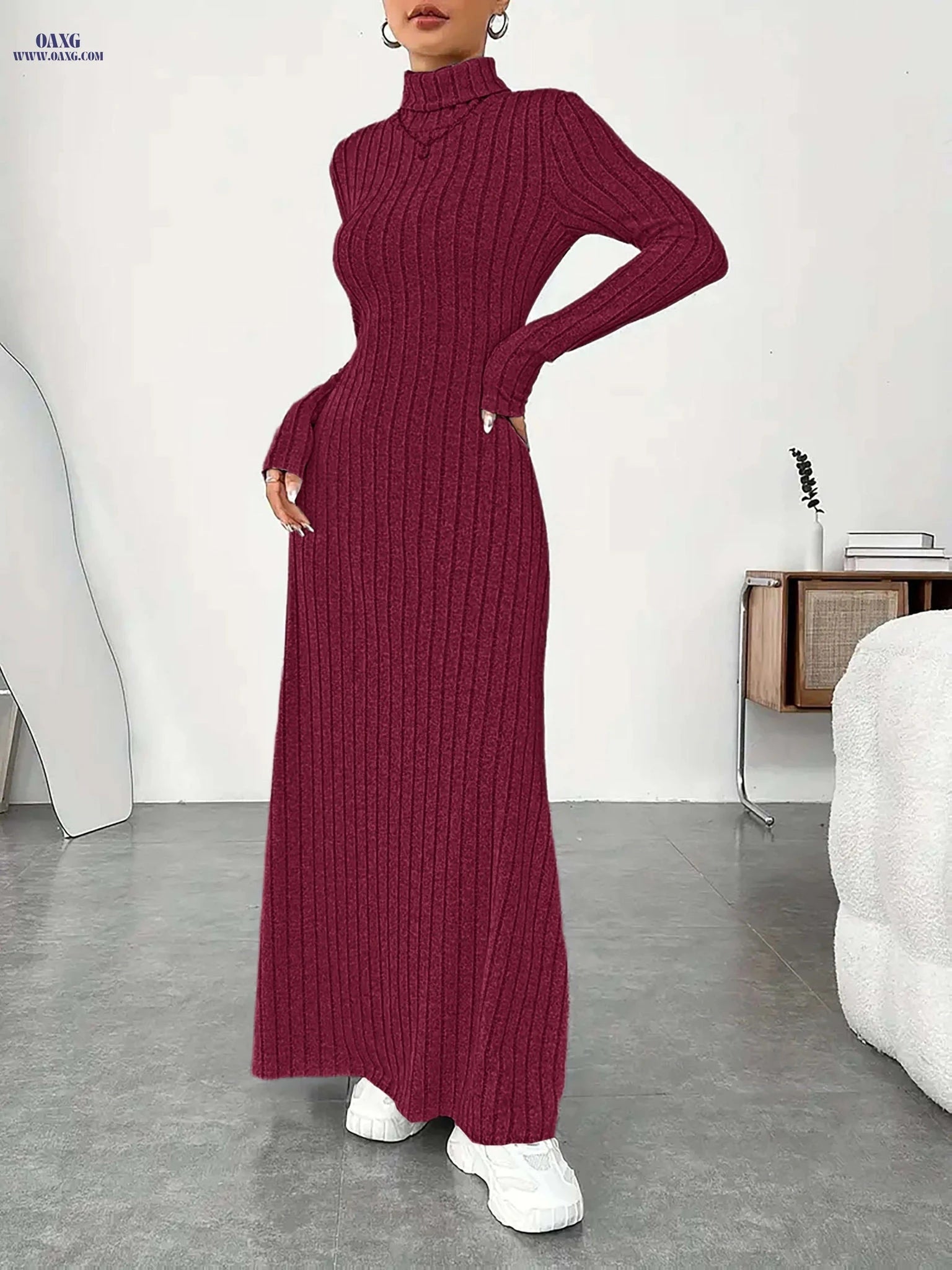 Women's Elegant High Neck Maxi Dress - Solid Fitted Winter Gown   OAXG Black / S