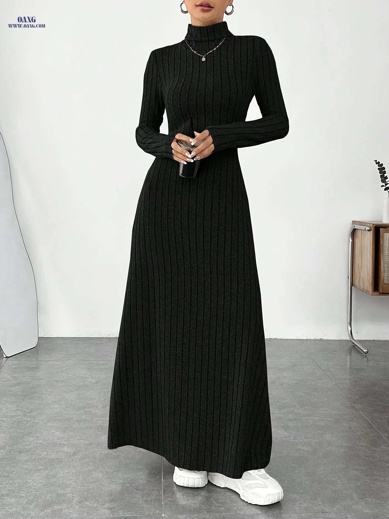 Women's Elegant High Neck Maxi Dress - Solid Fitted Winter Gown   OAXG Black / S