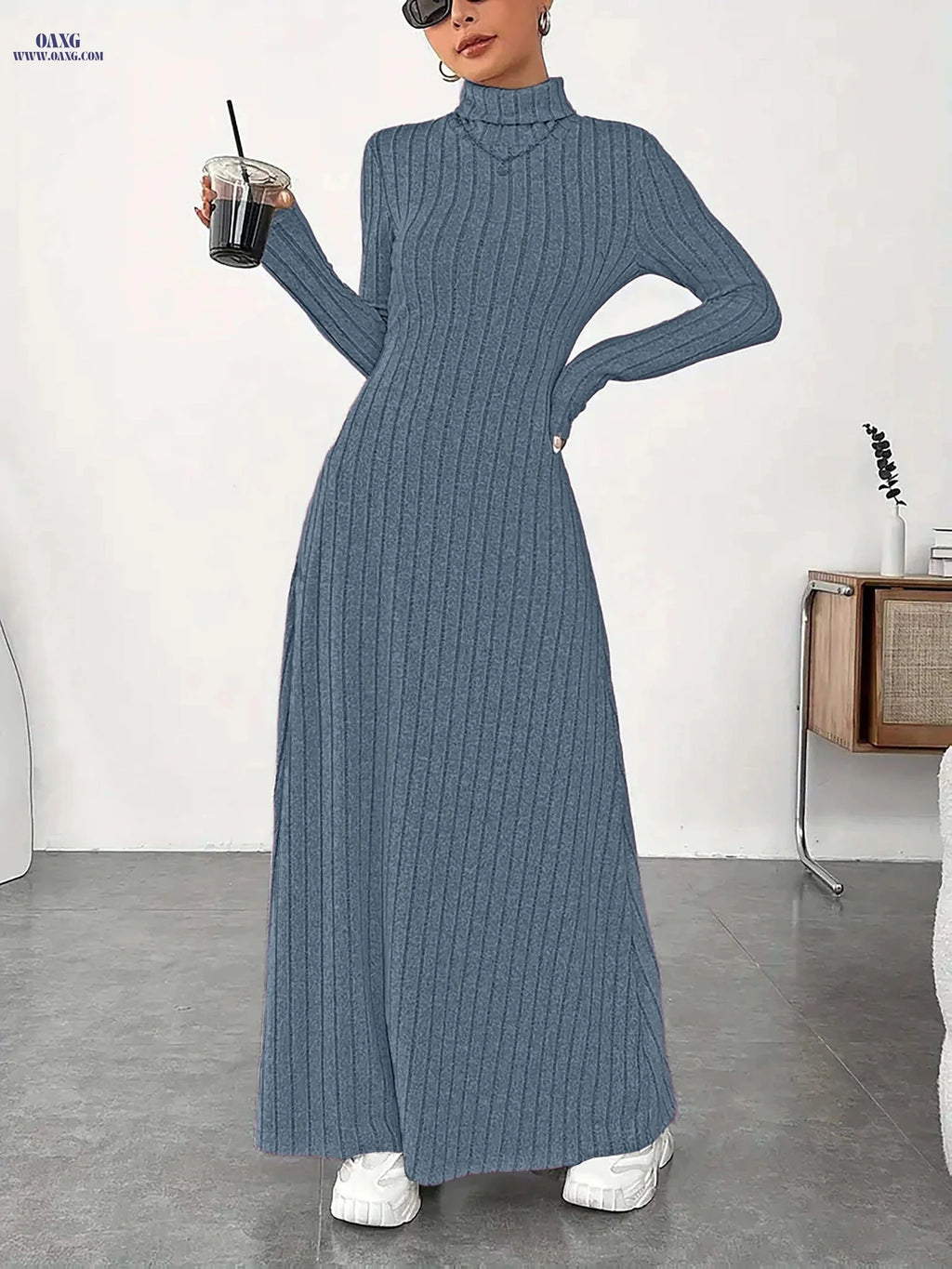 Women's Elegant High Neck Maxi Dress - Solid Fitted Winter Gown   OAXG 