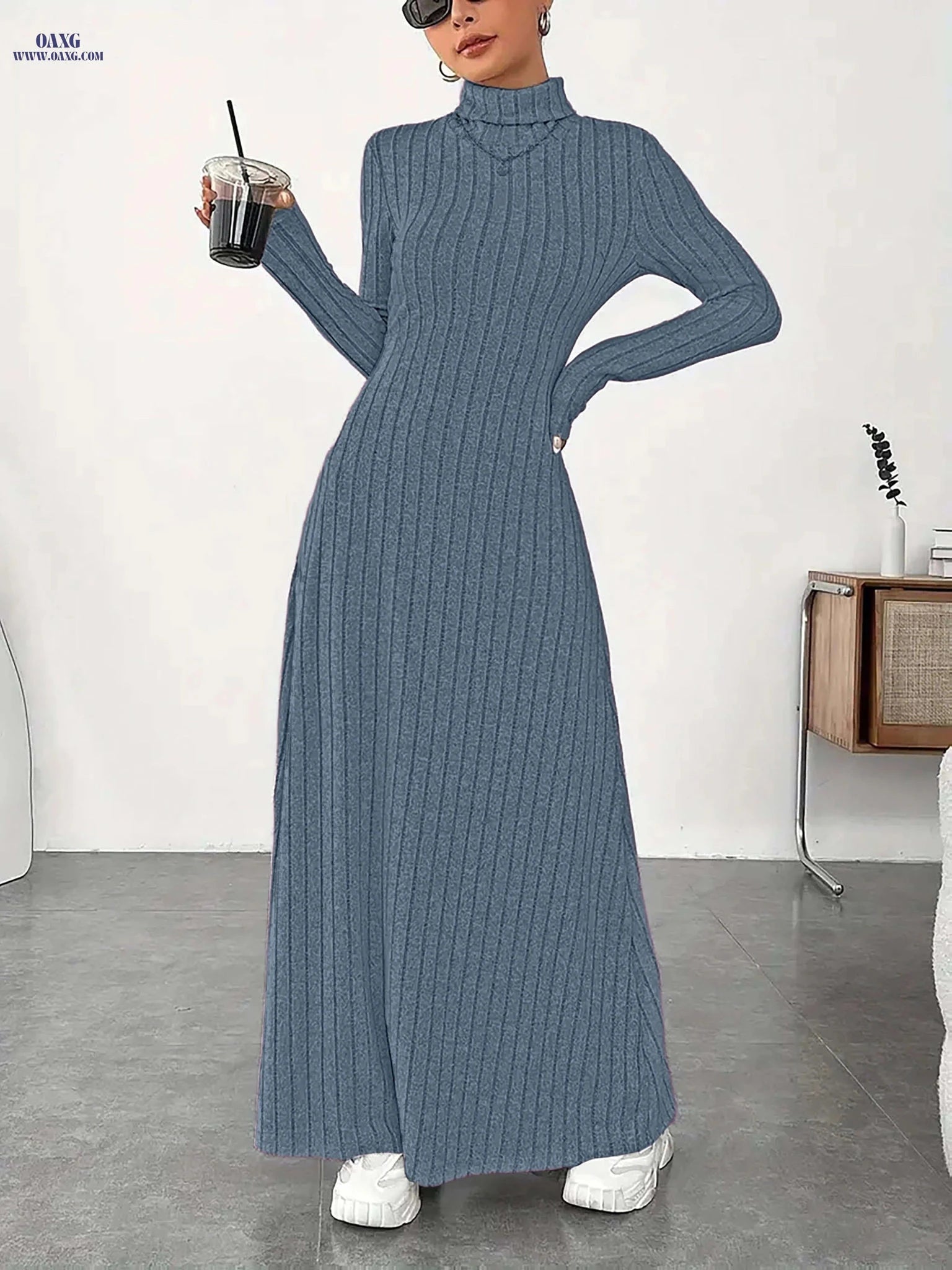 Women's Elegant High Neck Maxi Dress - Solid Fitted Winter Gown   OAXG 