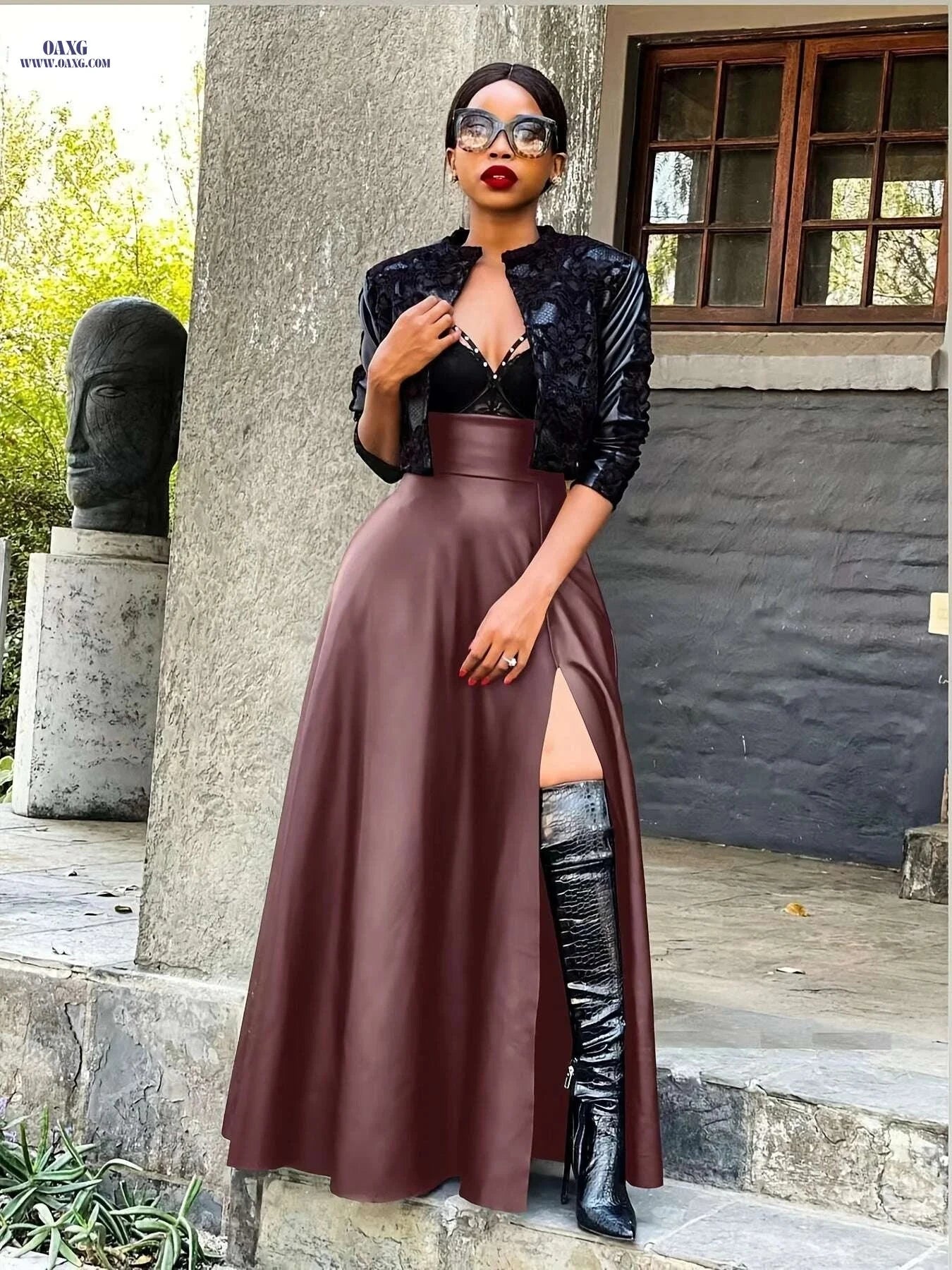 Women's Elegant High Slit Maxi Dress - Burgundy High-Low Hem   OAXG Black / S