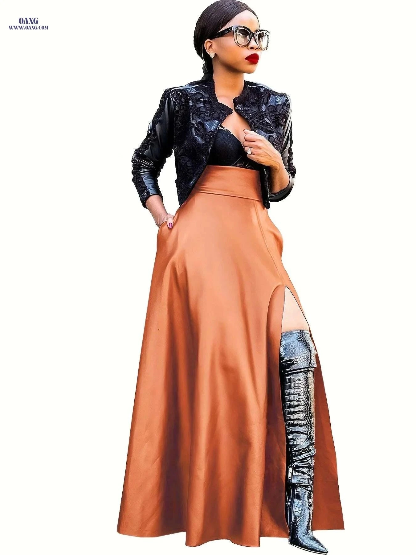 Women's Elegant High Slit Maxi Dress - Burgundy High-Low Hem   OAXG Black / S