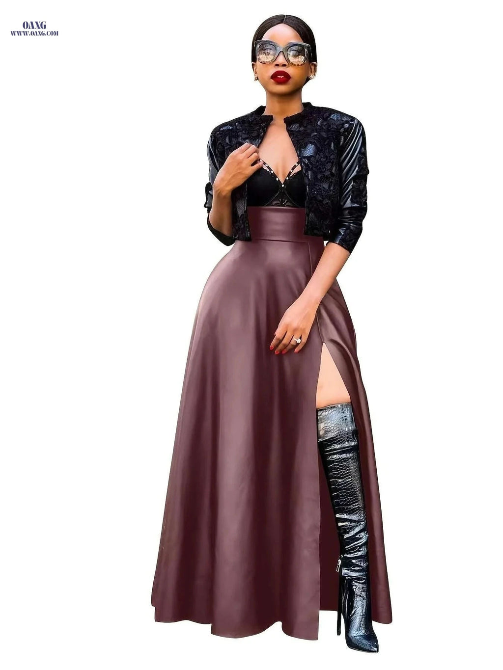 Women's Elegant High Slit Maxi Dress - Burgundy High-Low Hem   OAXG Black / S