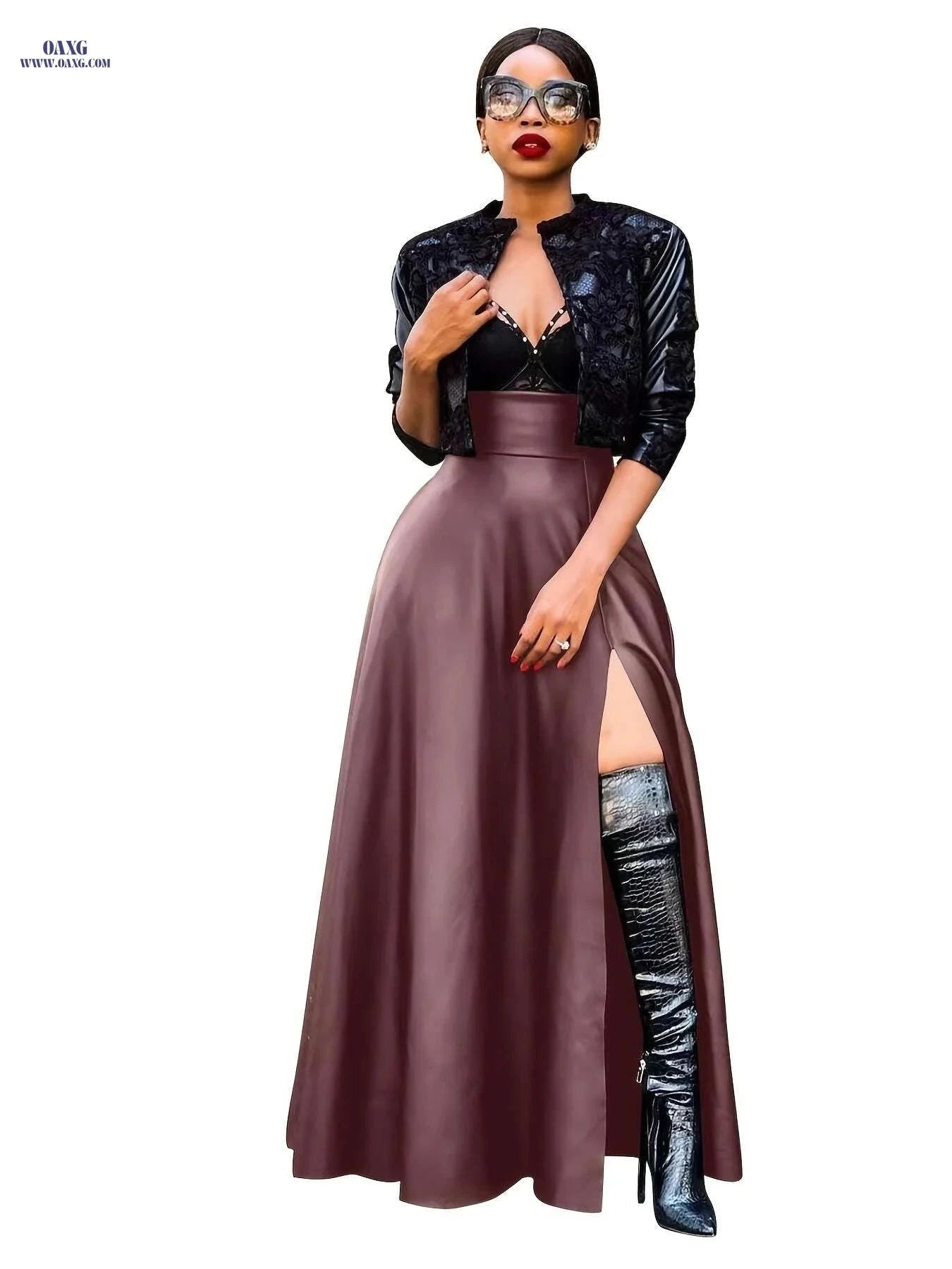 Women's Elegant High Slit Maxi Dress - Burgundy High-Low Hem   OAXG Black / S