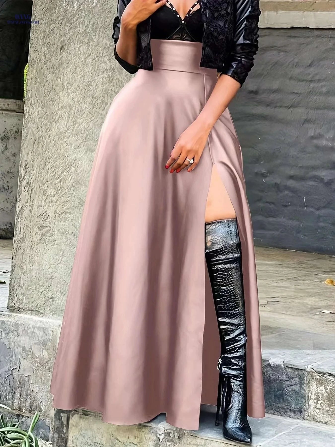 Women's Elegant High Slit Maxi Dress - Burgundy High-Low Hem   OAXG 