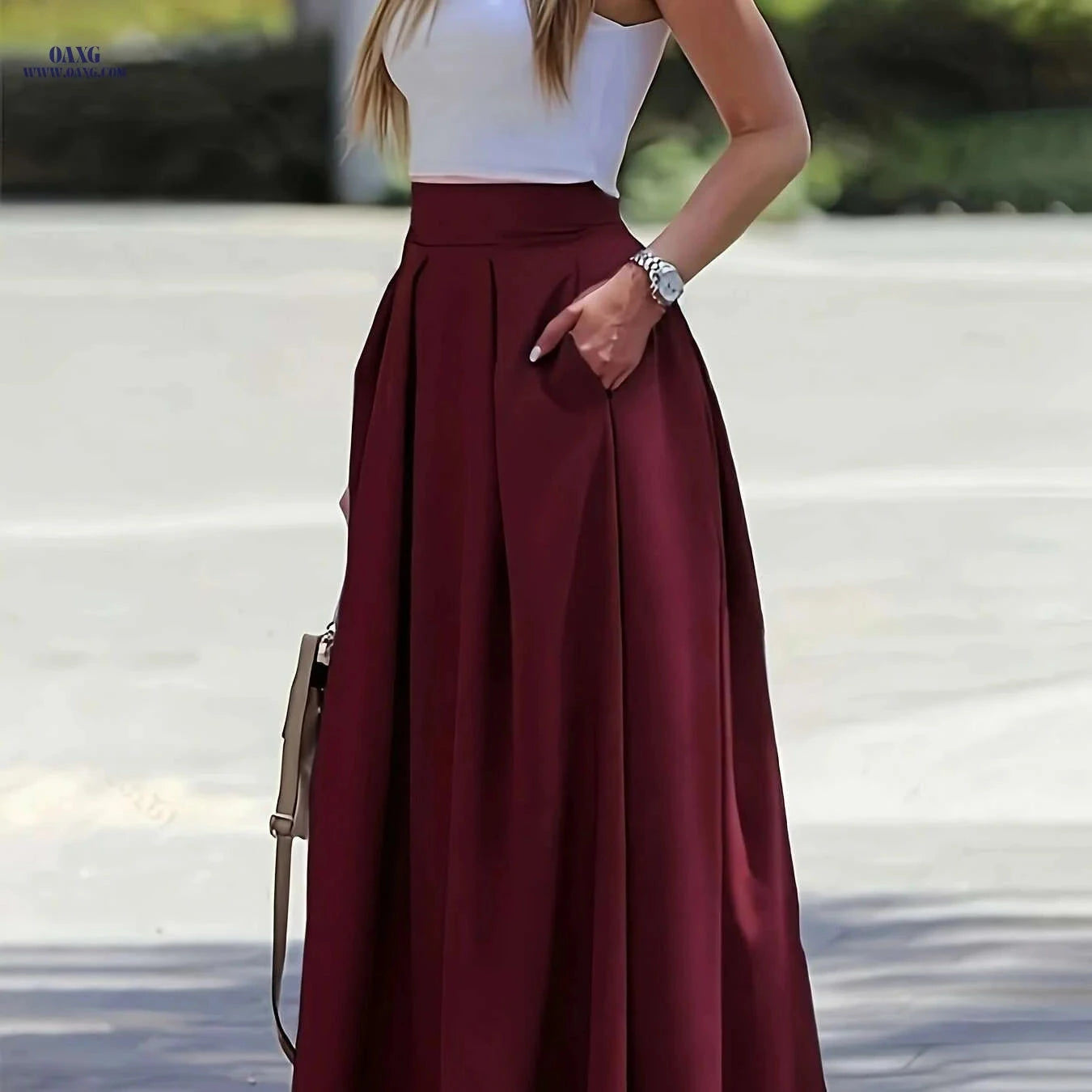 Women's Elegant High-Waisted A-Line Maxi Skirt - Chic All-Season Style   OAXG 