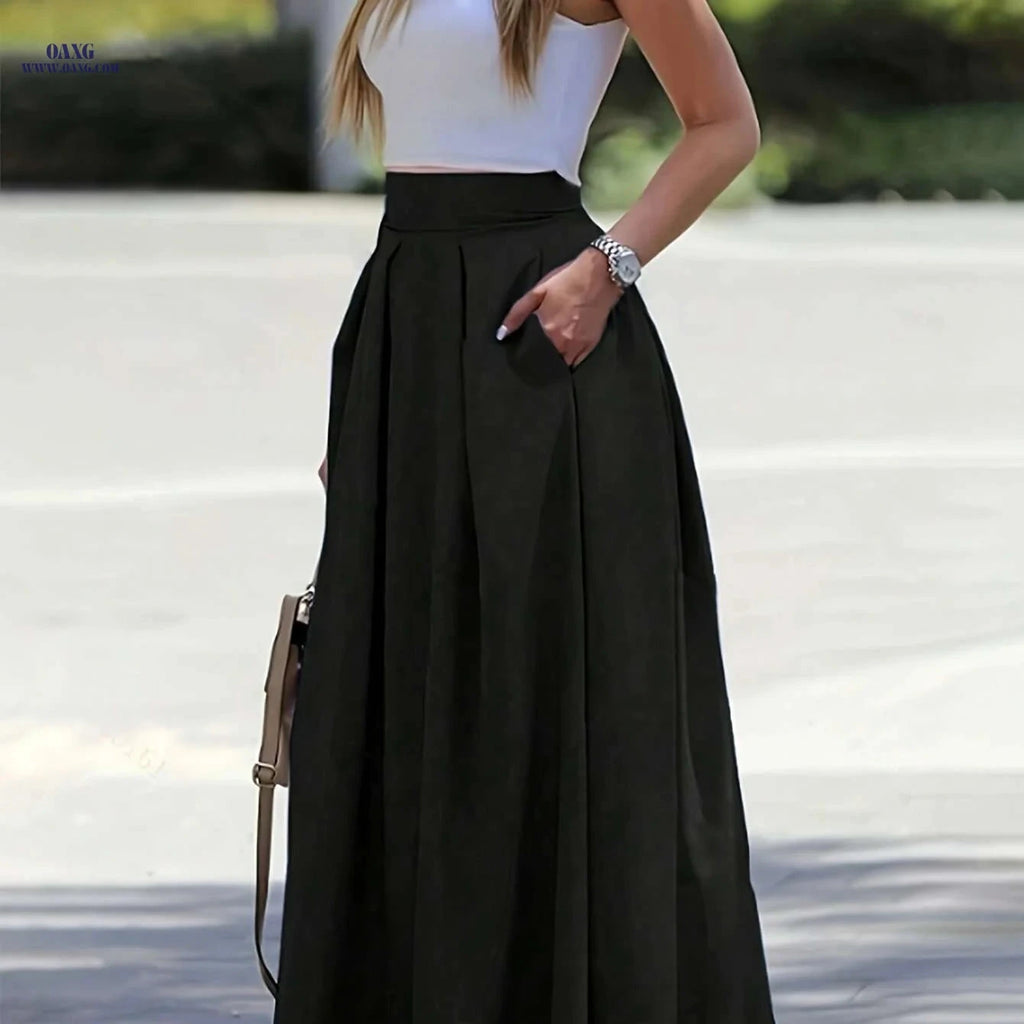Women's Elegant High-Waisted A-Line Maxi Skirt - Chic All-Season Style   OAXG 