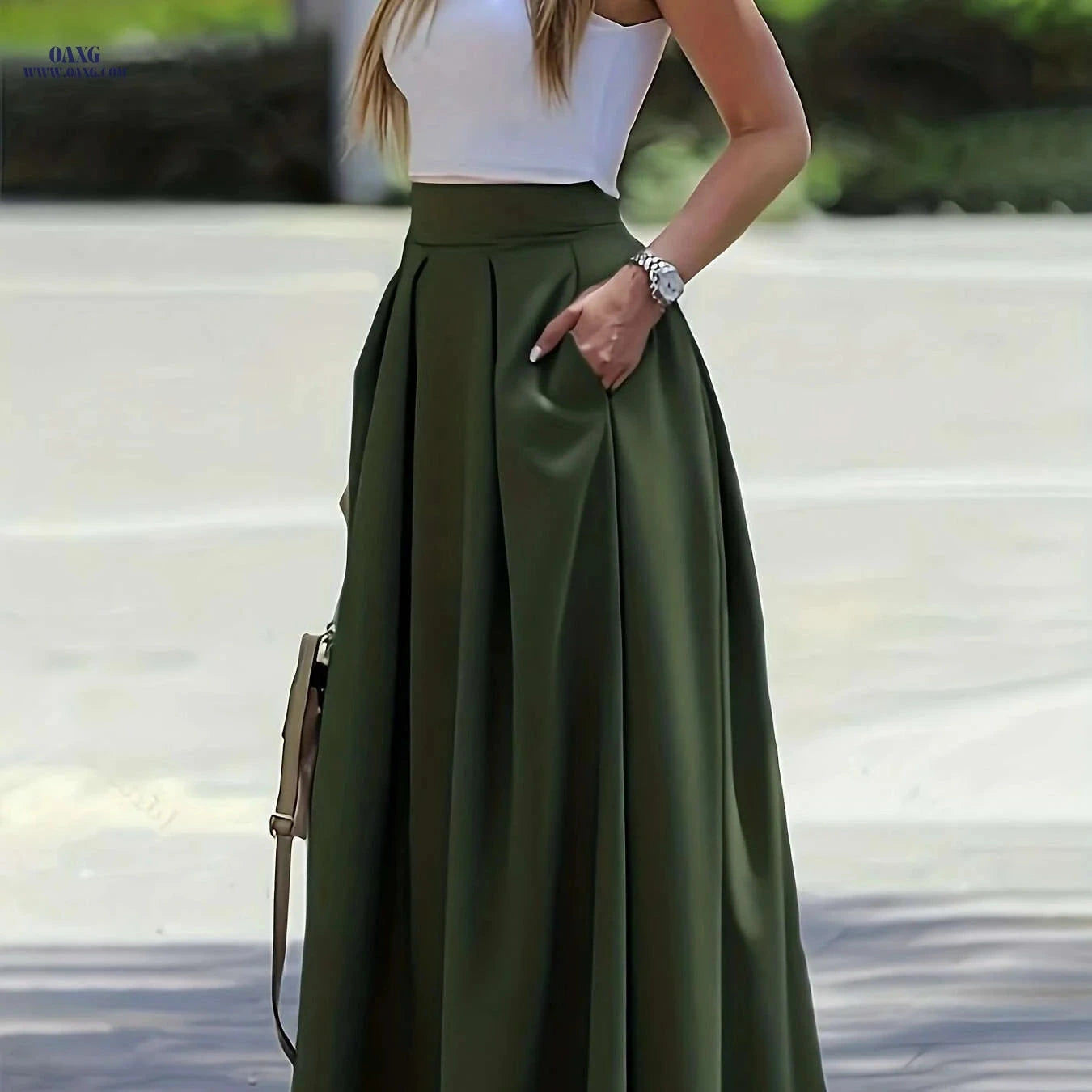 Women's Elegant High-Waisted A-Line Maxi Skirt - Chic All-Season Style   OAXG Black / XS