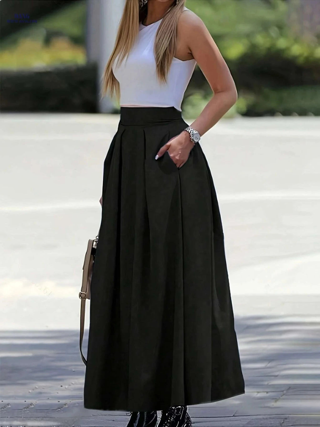 Women's Elegant High-Waisted A-Line Maxi Skirt - Chic All-Season Style   OAXG Black / XS