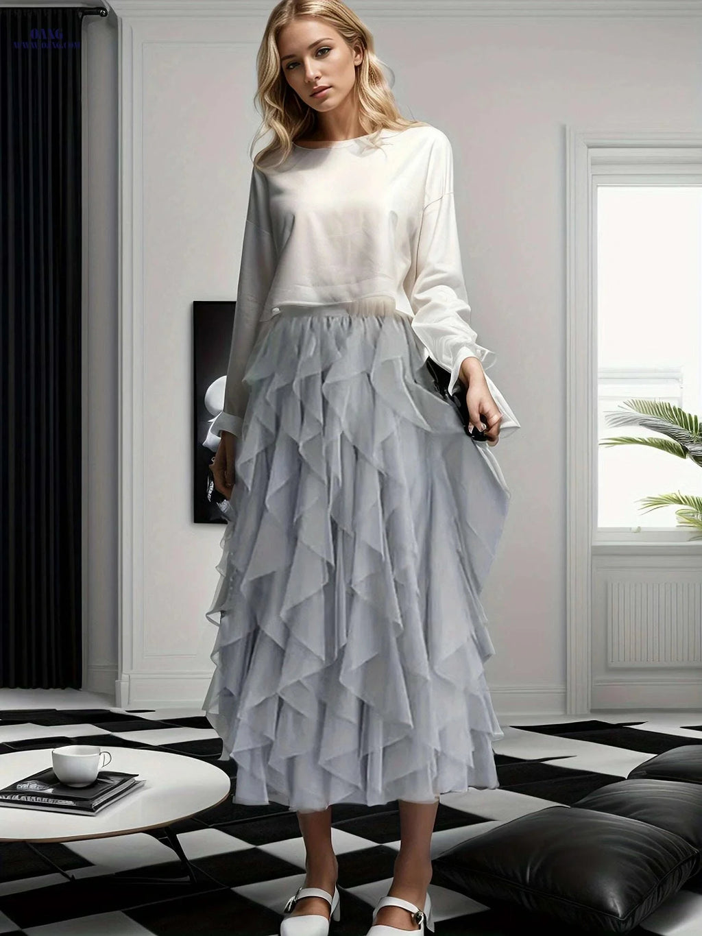 Women's Elegant High-Waisted A-Line Tulle Skirt - Perfect for Spring/Fall   OAXG 