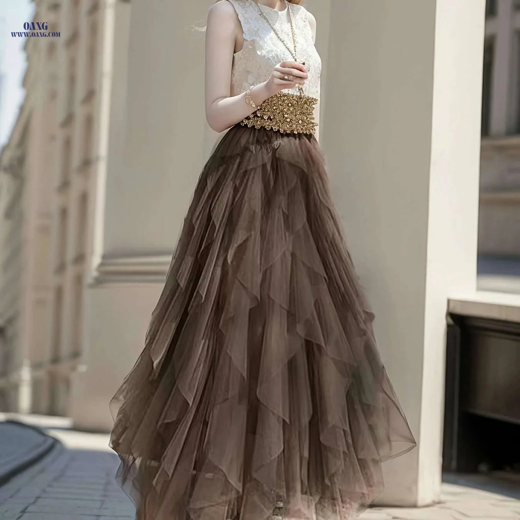 Women's Elegant High-Waisted A-Line Tulle Skirt - Perfect for Spring/Fall   OAXG 